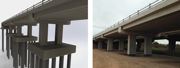 Avant et après : un rendu SOLIDWORKS d'un pont comparé à une photographie du pont prise immédiatement après sa construction.