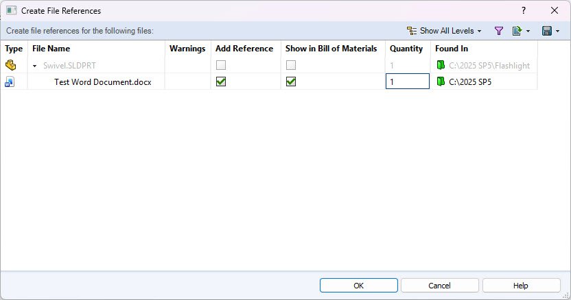 Creating a Reference between a SolidWorks File and Another File Type within SOLIDWORKS PDM 9 The Create File Reference dialog showing the options