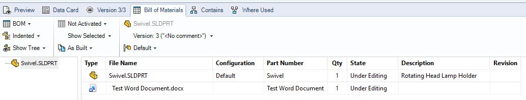 Creating a Reference between a SolidWorks File and Another File Type within SOLIDWORKS PDM 99 In the PDM vault, click the SOLIDWORKS file and select the "BOM" Tab to show the parts references. The Word document is now showing