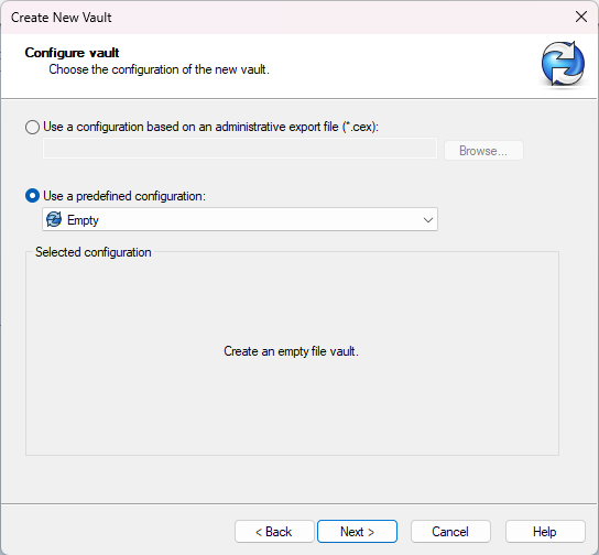 Lancer l'assistant de création d'un nouveau coffre-fort, sélectionner les paramètres de configuration du nouveau coffre-fort
