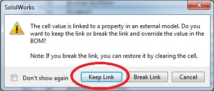 SOLIDWORKS cell value message