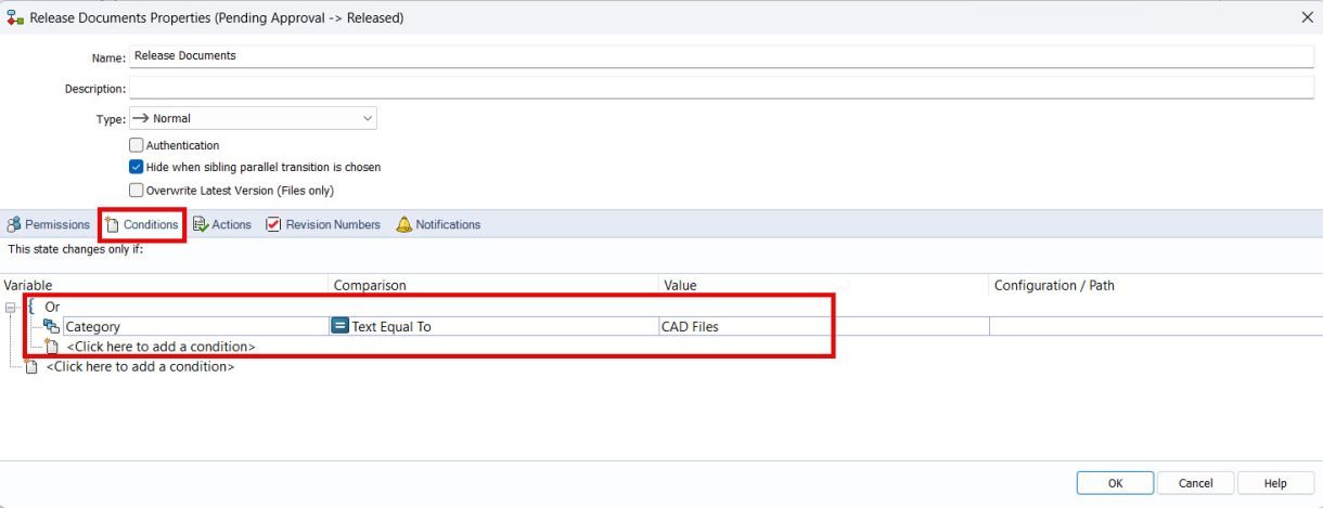 SolidWorks PDM - How to use Conditions in Categories & Workflows 9 To show the transition conditions dialogue box