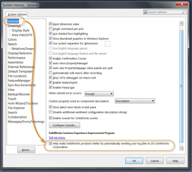 Join the SOLIDWORKS Customer Experience Improvement Program 1 General Options Customer Experience