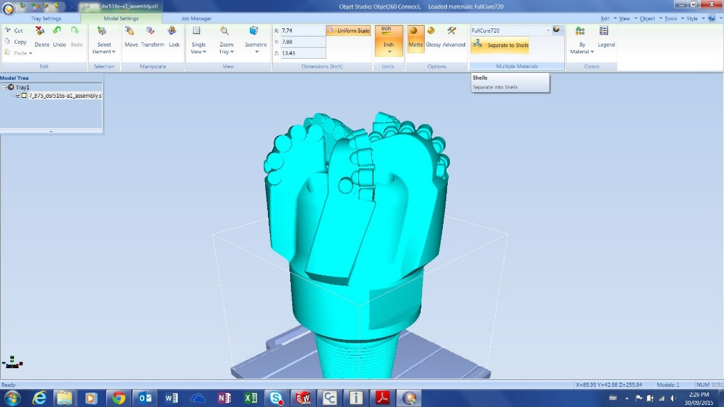 Preparing an Oil and Gas Model for 3D Printing 3 PDC Rock Bit STL file opened in Objet Studio