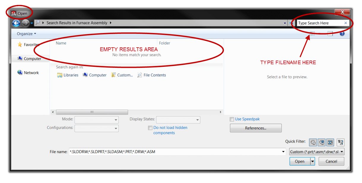 Why does my SOLIDWORKS file search come up empty? 3 File Search Open Dialog