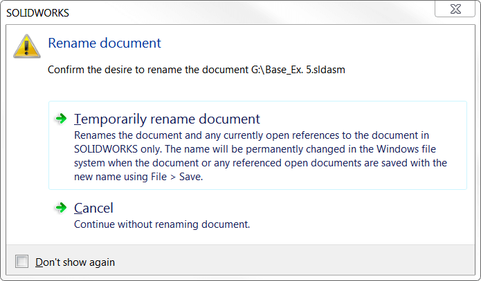 Rename SOLIDWORKS Files directly from the FeatureManager Design Tree 3 Rename Warning Dialog