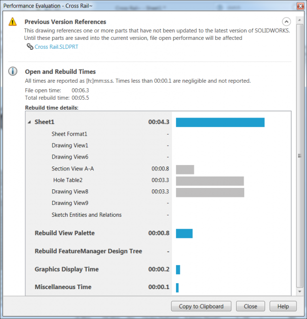 The SOLIDWORKS Performance Evaluation Tool sheds light on slow loading Drawings 5 Performance Evaluation Report dialog