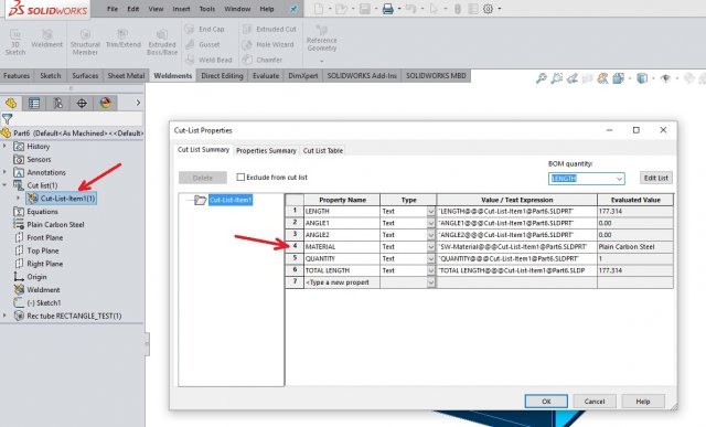 How to transfer SOLIDWORKS Weldment Profile Material Properties to a Part 23 Propriétés de la liste de coupe