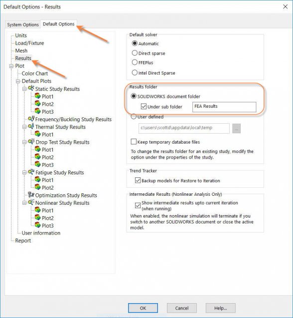 SOLIDWORKS Simulation Results Save Location 1 Simulation Options Results