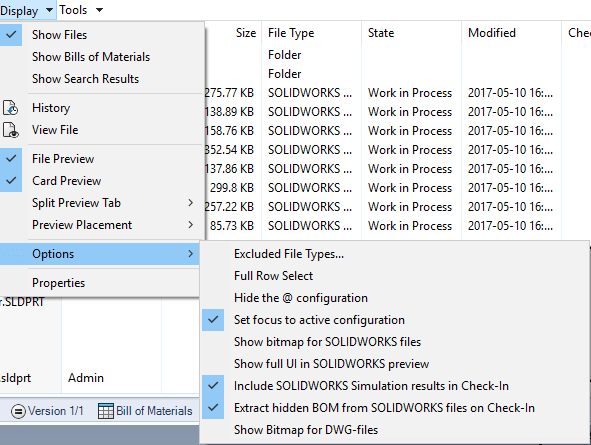 SOLIDWORKS PDM STANDARD Windows Explorer Overview 11 Display menu