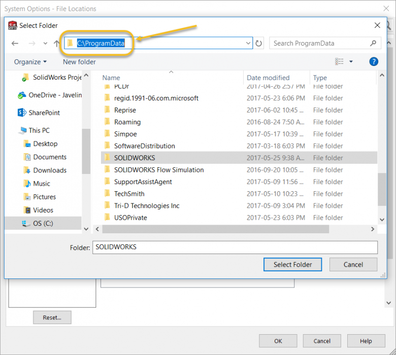 My SOLIDWORKS ProgramData Folder is not Visible? 1 Address Bar Browse
