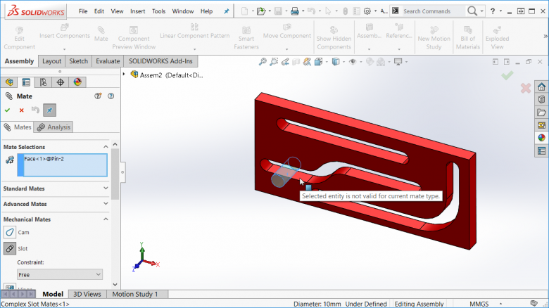 SOLIDWORKS Cam Mate for Complex Slots 3 Slot mate invalid 1