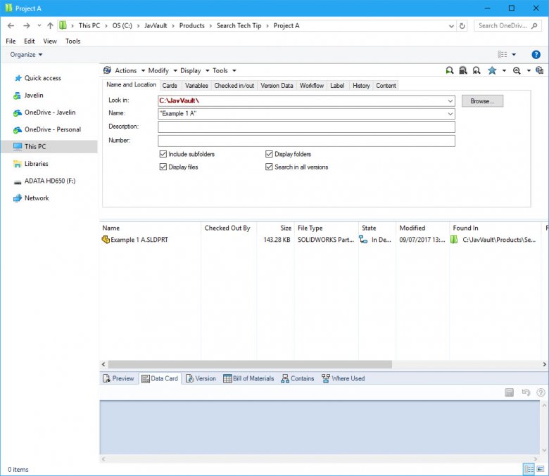 How to perform a SOLIDWORKS PDM Exact Search (Updated) 5 Search: "Example 1 A"