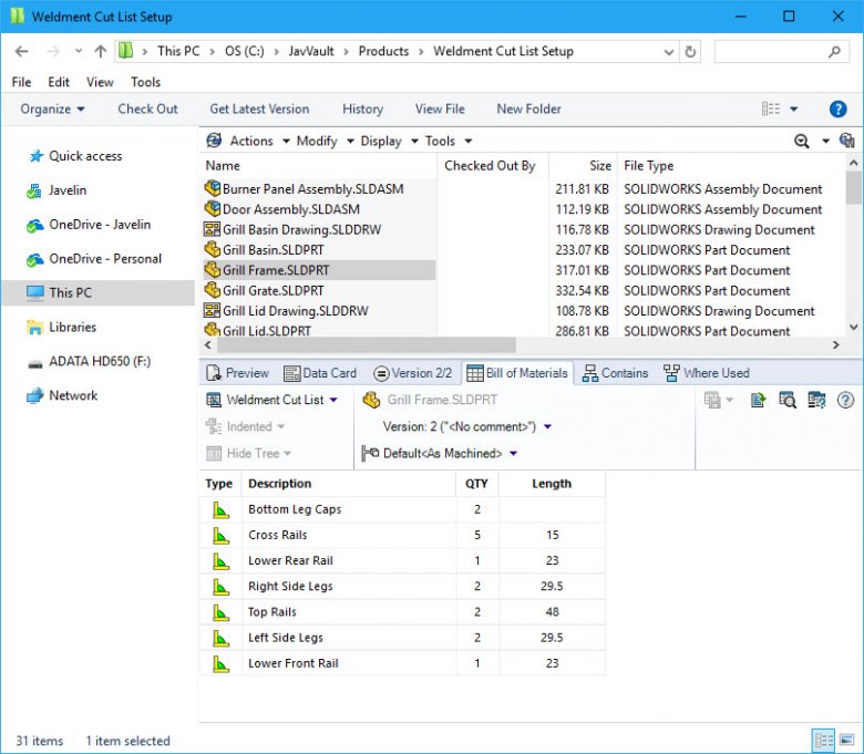 Now when a part containing a cut list gets checked into the vault, the length and quantity should be visible via the BOM tab in explorer;