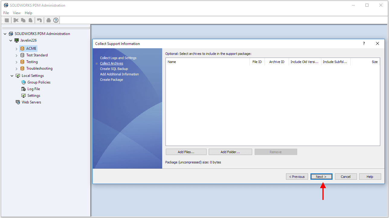 Collecting information for SOLIDWORKS PDM Support 7 Step 4