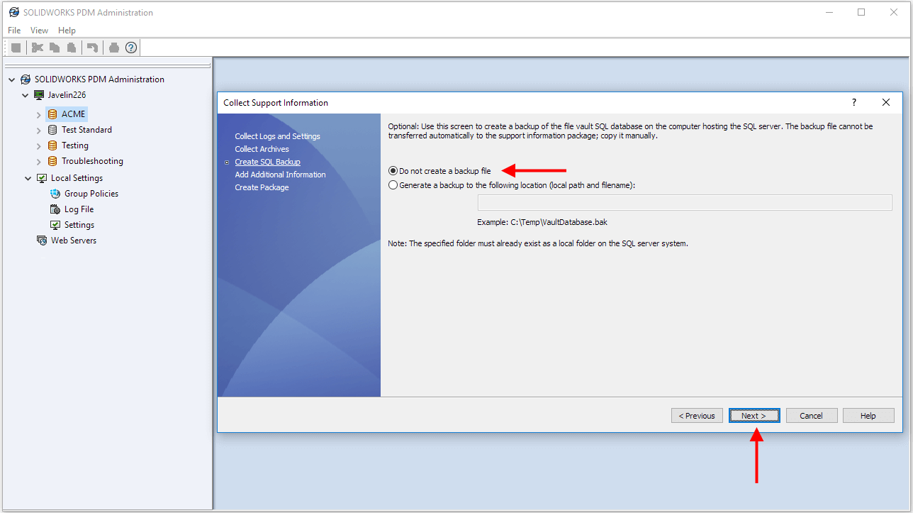 Collecting information for SOLIDWORKS PDM Support 9 Step 5