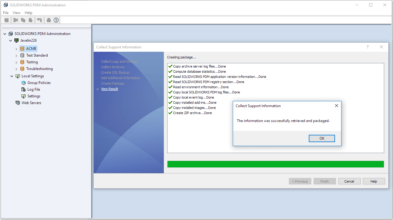 Collecting information for SOLIDWORKS PDM Support 15 Step 7 Finished