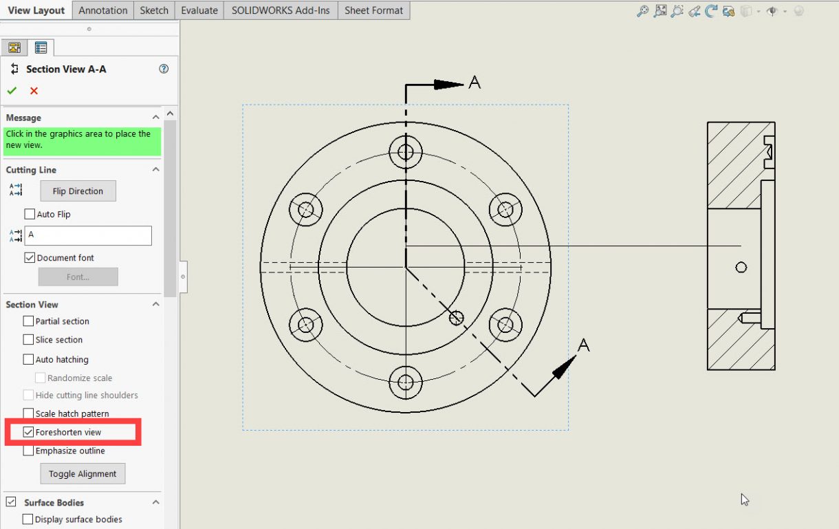 Using the Foreshorten View SOLIDWORKS Drawing Option 3 SOLIDWORKS Foreshorten view enabled
