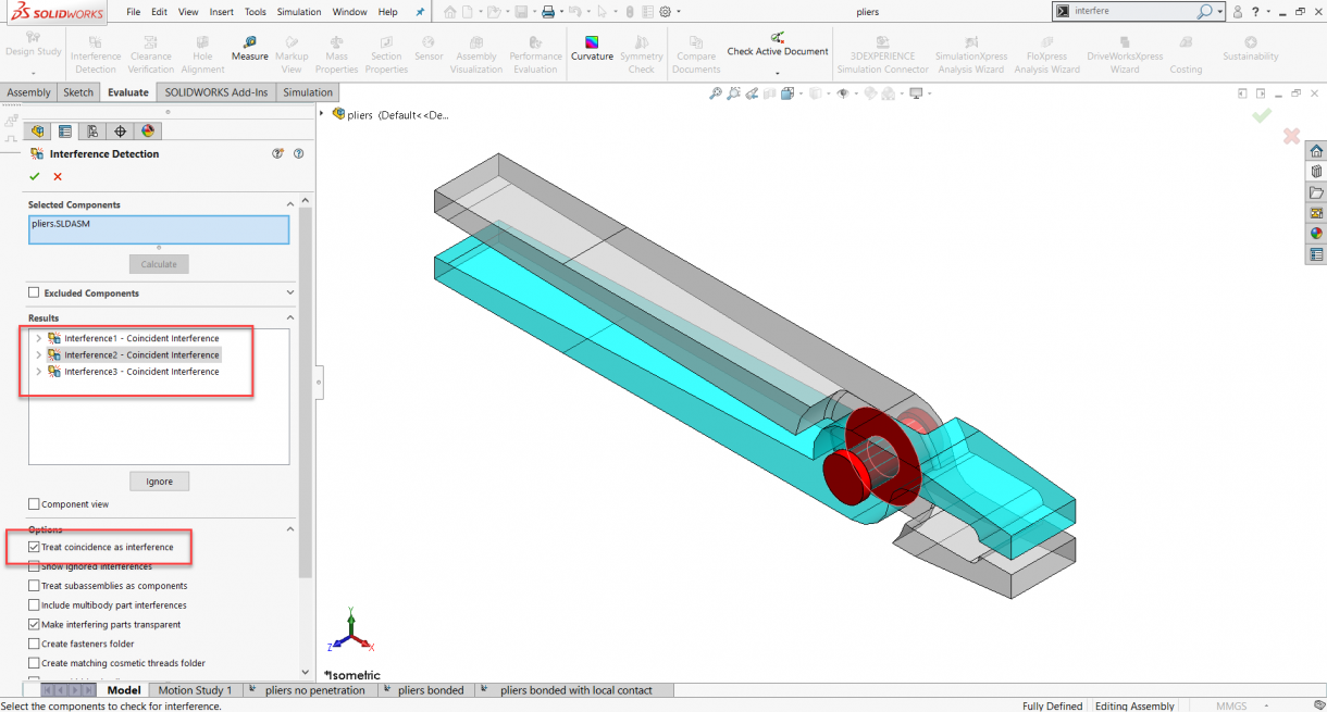 Why you should run Interference Detection before a SOLIDWORKS Simulation Study 3 Recherche de visages coïncidents à l'aide de la commande de détection d'interférence