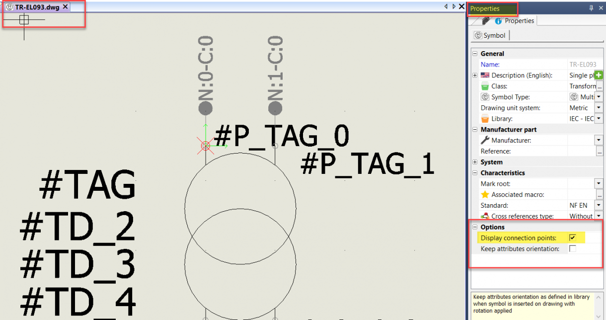 Accès aux points de connexion par les propriétés du symbole dans un dwg