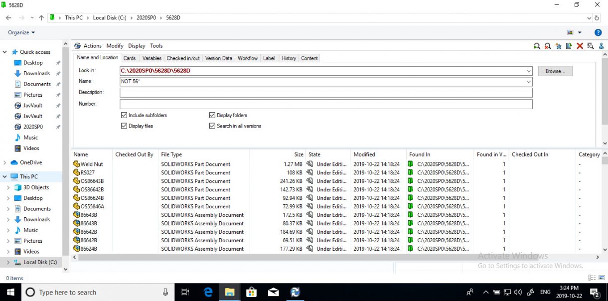 Colonnes de recherche de SOLIDWORKS PDM 2020