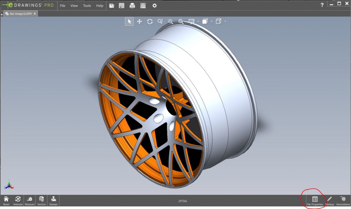 SOLIDWORKS eDrawings 2021 File Properties 1 Tout en bas à droite se trouvent les propriétés du fichier.
