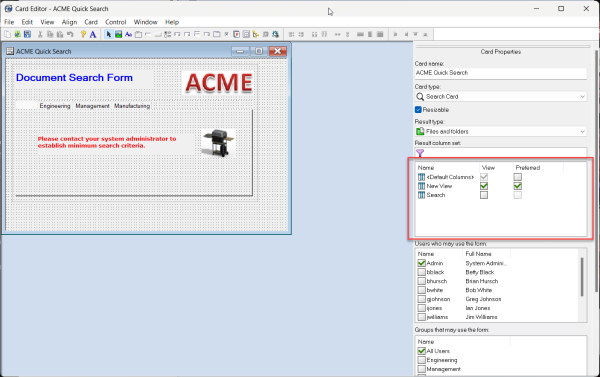 Column Sets on Search Card in Card Editor