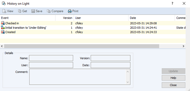 Restore Deleted PDM Users 9 History of Light.SLDASM file after user has been restored.