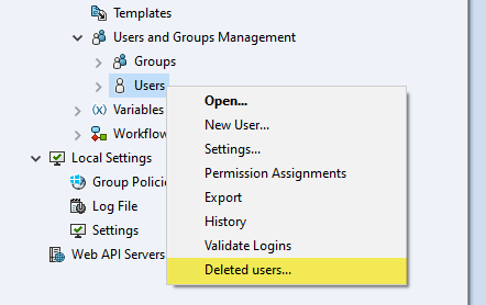 Restore Deleted PDM Users 5 Right-click on User node in the Administration Tool.