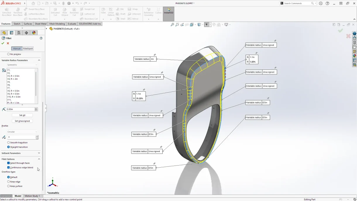 SOLIDWORKS 2025 : congés variables lisses