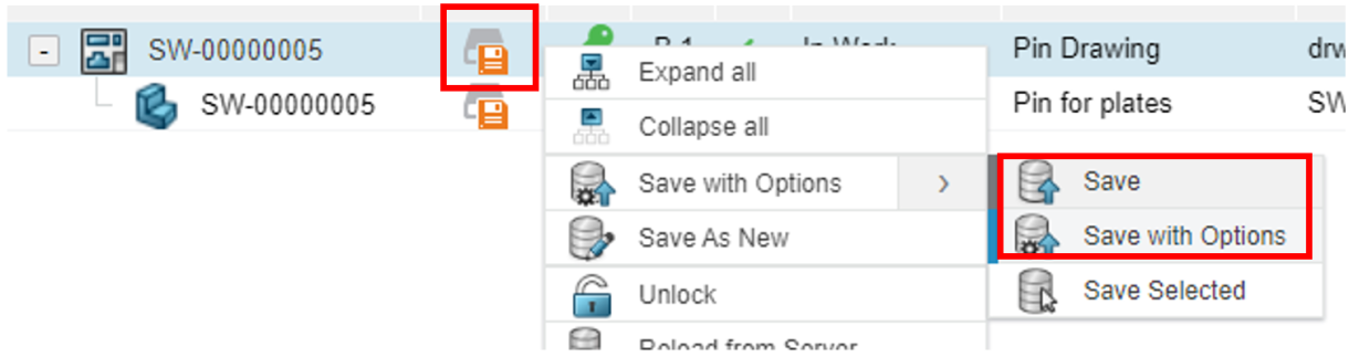 Showing the Save options inside of SOLIDWORKS with the 3DExperience Connector