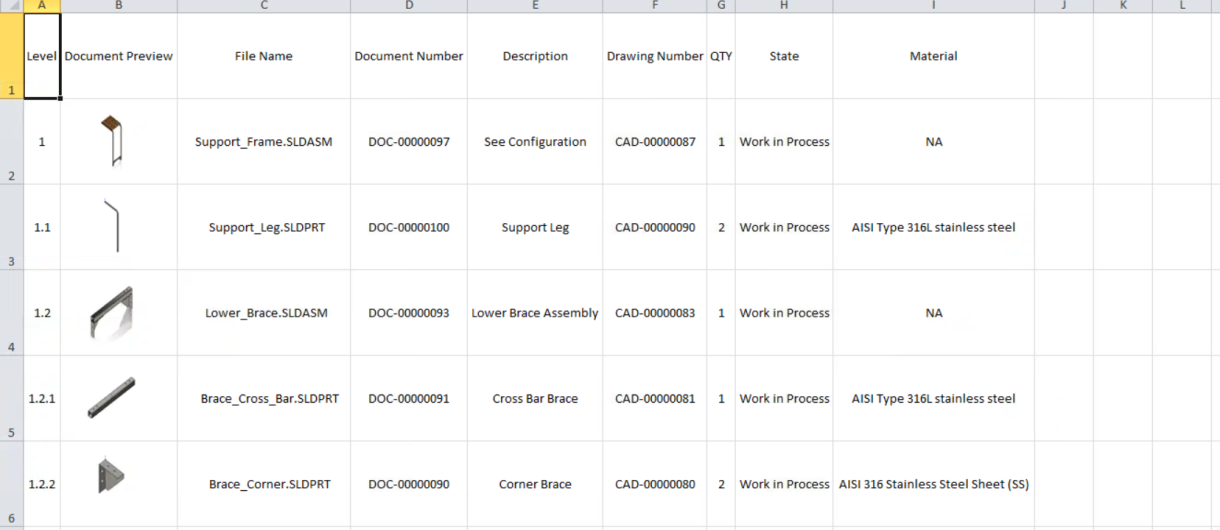 Export Bill of Materials with Thumbnails in SOLIDWORKS PDM 2025 11 Exporter la nomenclature avec les vignettes