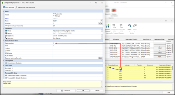 Automatic PLC Channel Addressing in SOLIDWORKS Electrical 9 Indicators showing where address values are pulling from