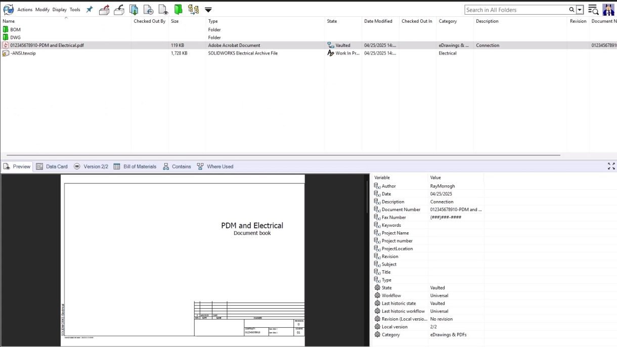 Integrating SOLIDWORKS Electrical with SOLIDWORKS PDM 2025 3 Aperçu des schémas électriques et des eDrawings PDM