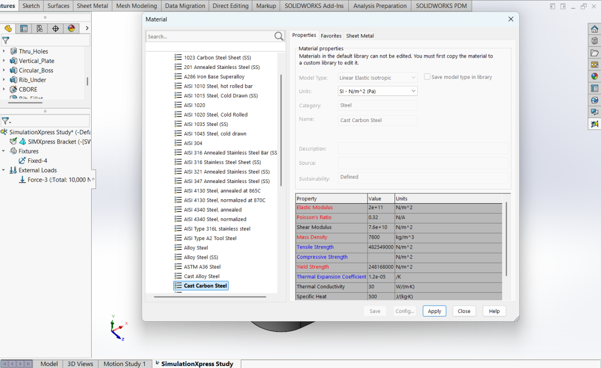 Using SimulationXpress for Free FEA Analysis 11 La bibliothèque de matériaux de SOLIDWORKS Simulation