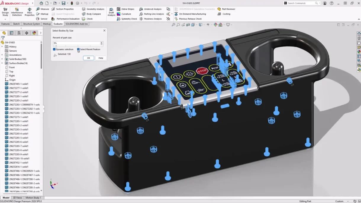 Selecting bodies in a multi-body part based on size