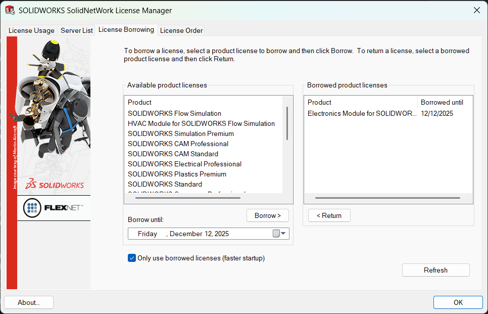 Only use borrowed licenses for solidworks