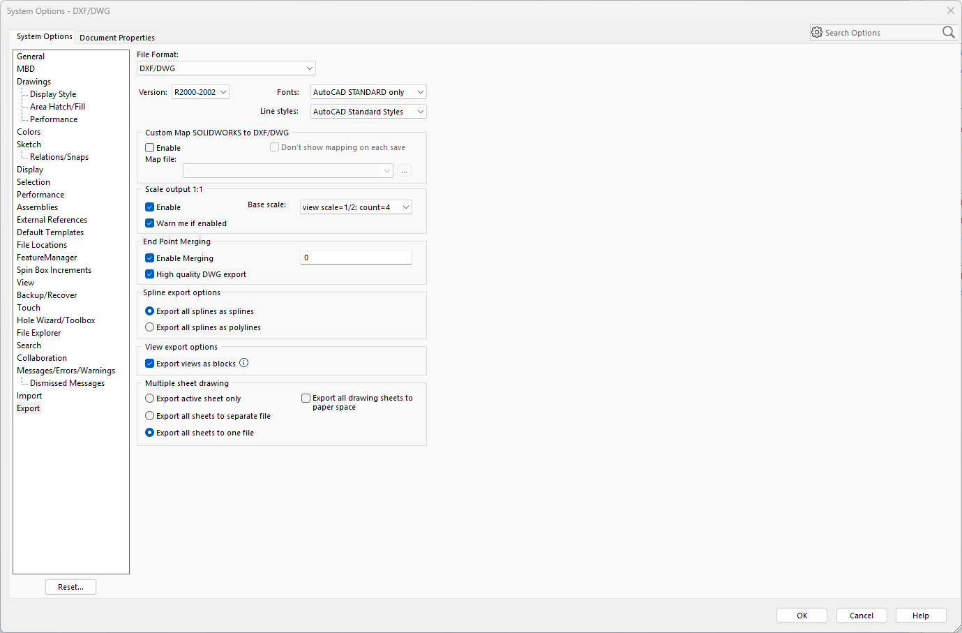 Additional settings to export SOLIDWORKS drawings to DXF