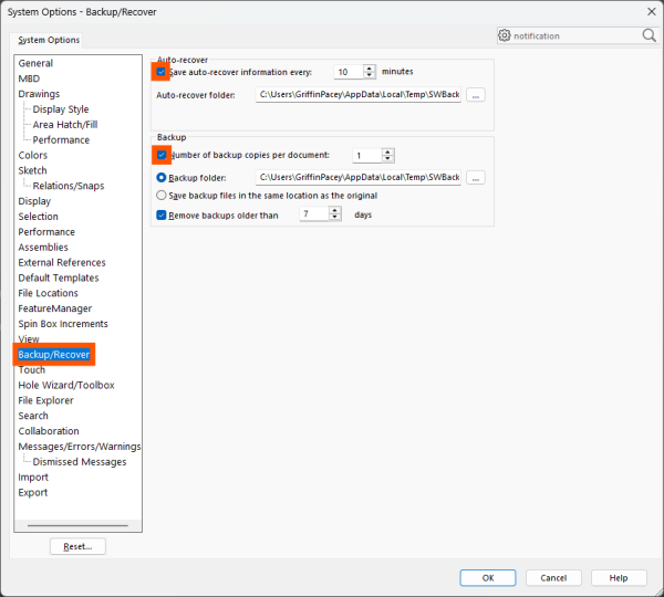 Accessing the SOLIDWORKS backup and recovery settings