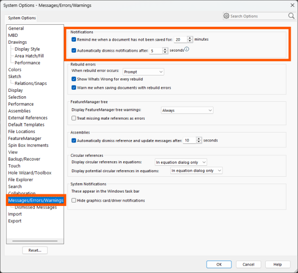 SOLIDWORKS setting to control save notification in 2022