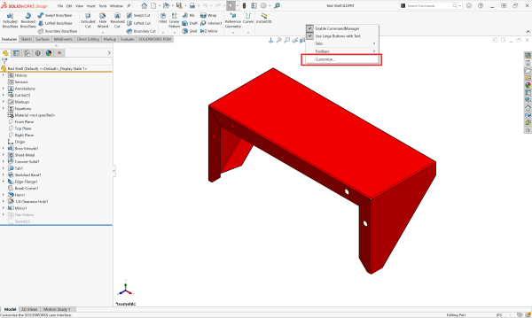 SOLIDWORKS Customize Menu location outlined in red