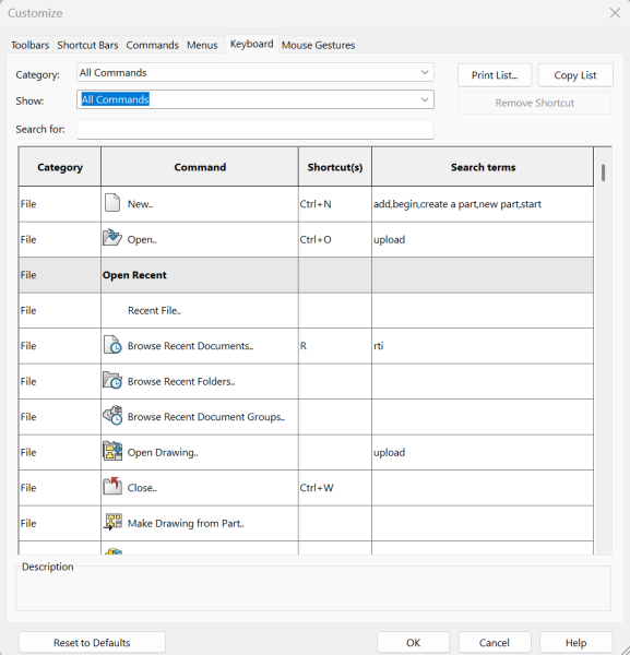 Keyboard shortcuts in the customization menu