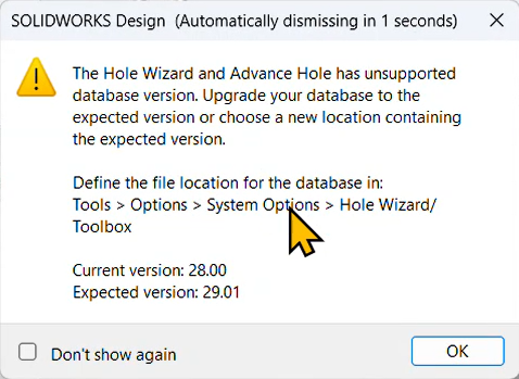 The new SOLIDWORKS Hole Wizard database error