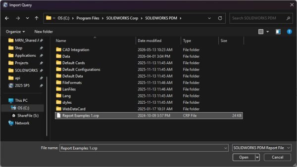 Example query in the default SOLIDWORKS PDM installation