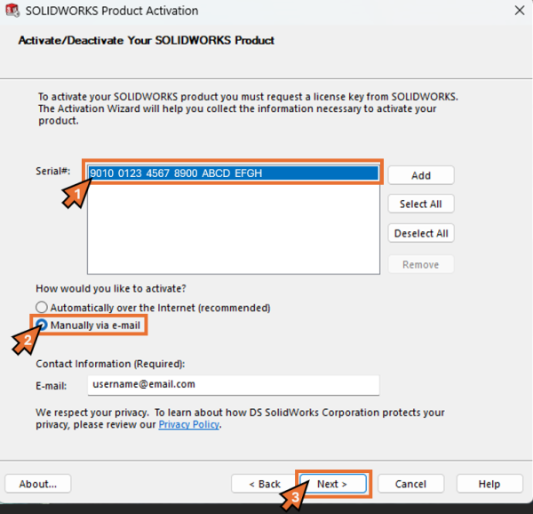 Manual SOLIDWORKS License Activation | How To Guide 3 Sélectionnez les paramètres appropriés pour l'activation manuelle de SOLIDWORKS