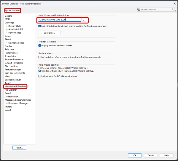 Accessing the Hole Wizard settings