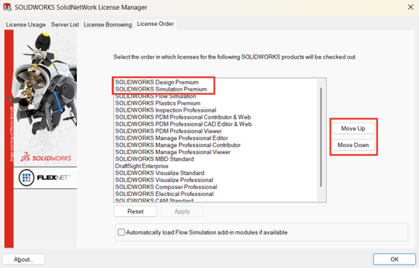 How to Use the License Order Tab in The SOLIDWORKS SolidNetWork License Manager 5 Putting the products you want to pull first at the top