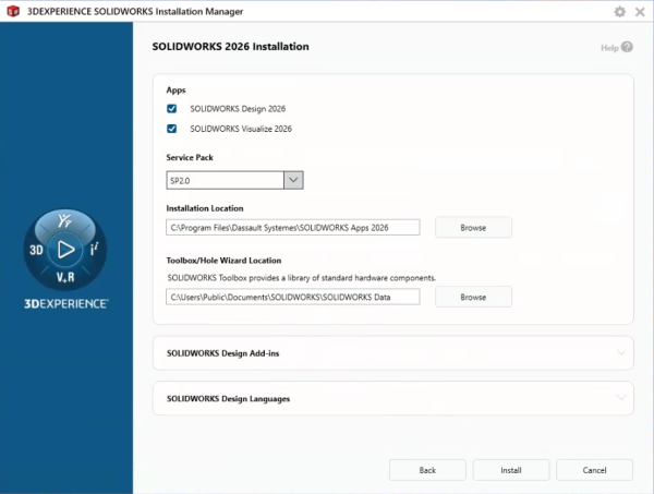 How to Install Multiple Versions of 3DEXPERIENCE SOLIDWORKS Design 5 Selecting installation options in the Installation Manager