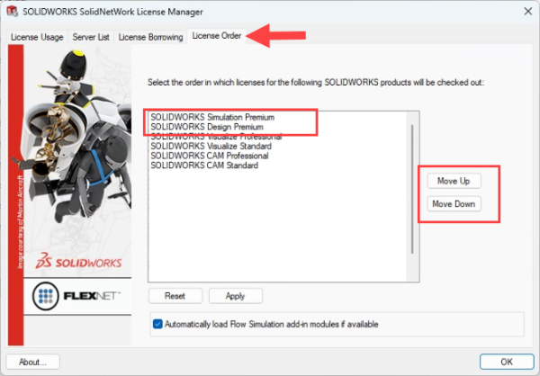 Understanding the SOLIDWORKS Simulation Add-In 7 License order tab in SolidNetWork License Manager