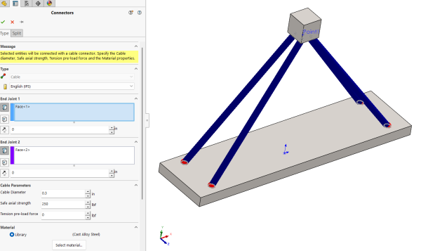 How to Use Cable Connectors in SOLIDWORKS Simulation 7 Connections between four corners and a block